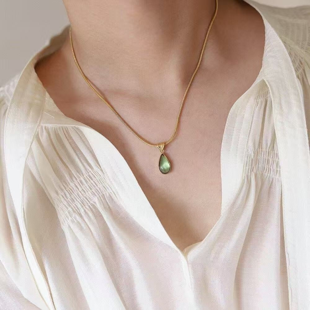 Green Water Drop Blue Ocean Titanium Steel Necklace
