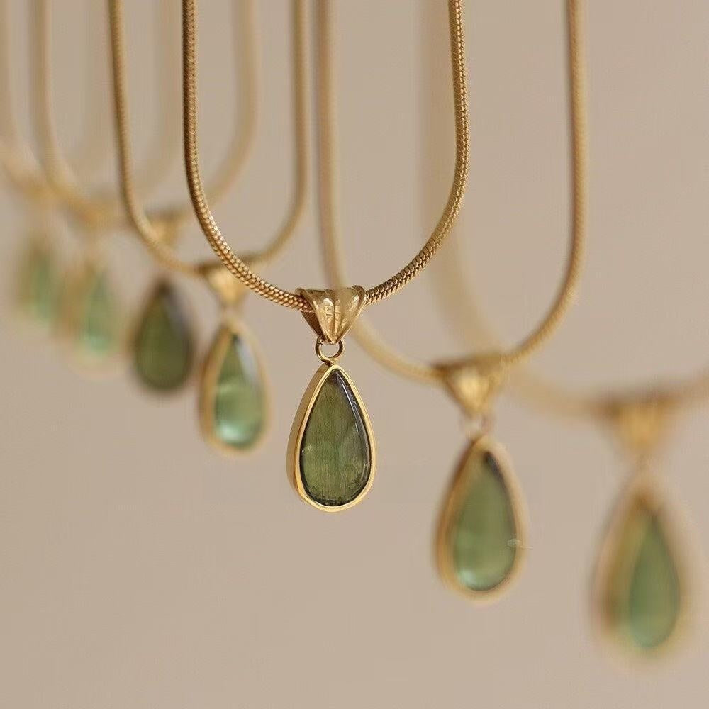 Green Water Drop Blue Ocean Titanium Steel Necklace