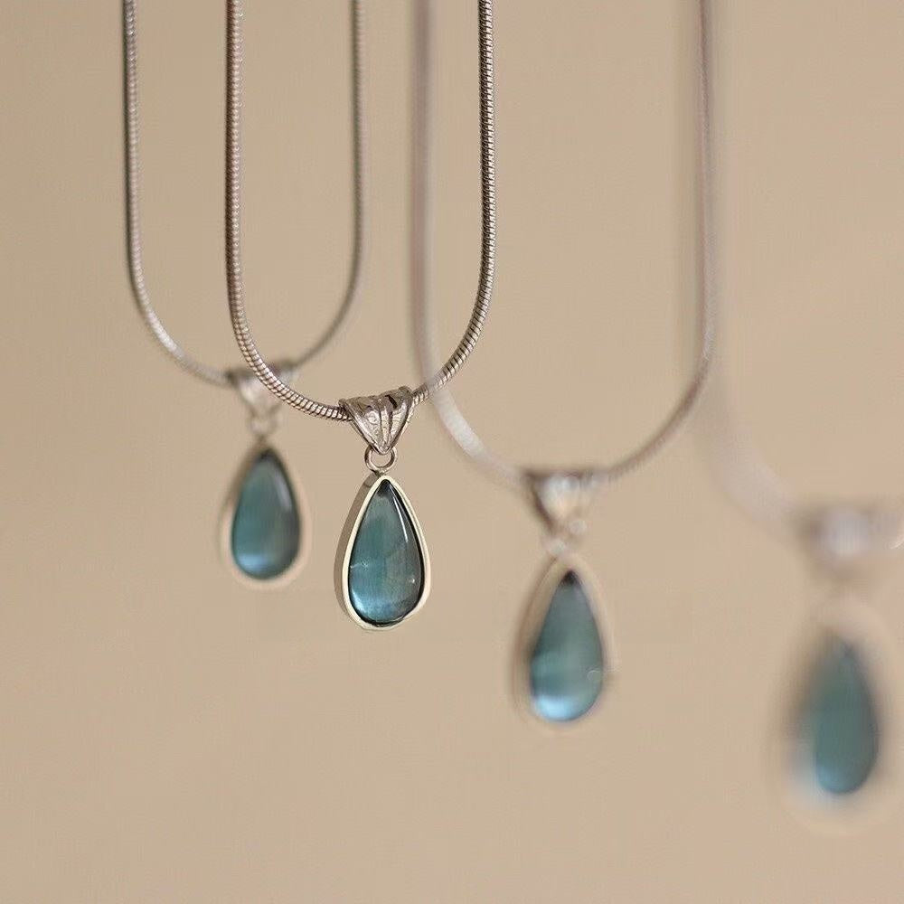 Green Water Drop Blue Ocean Titanium Steel Necklace