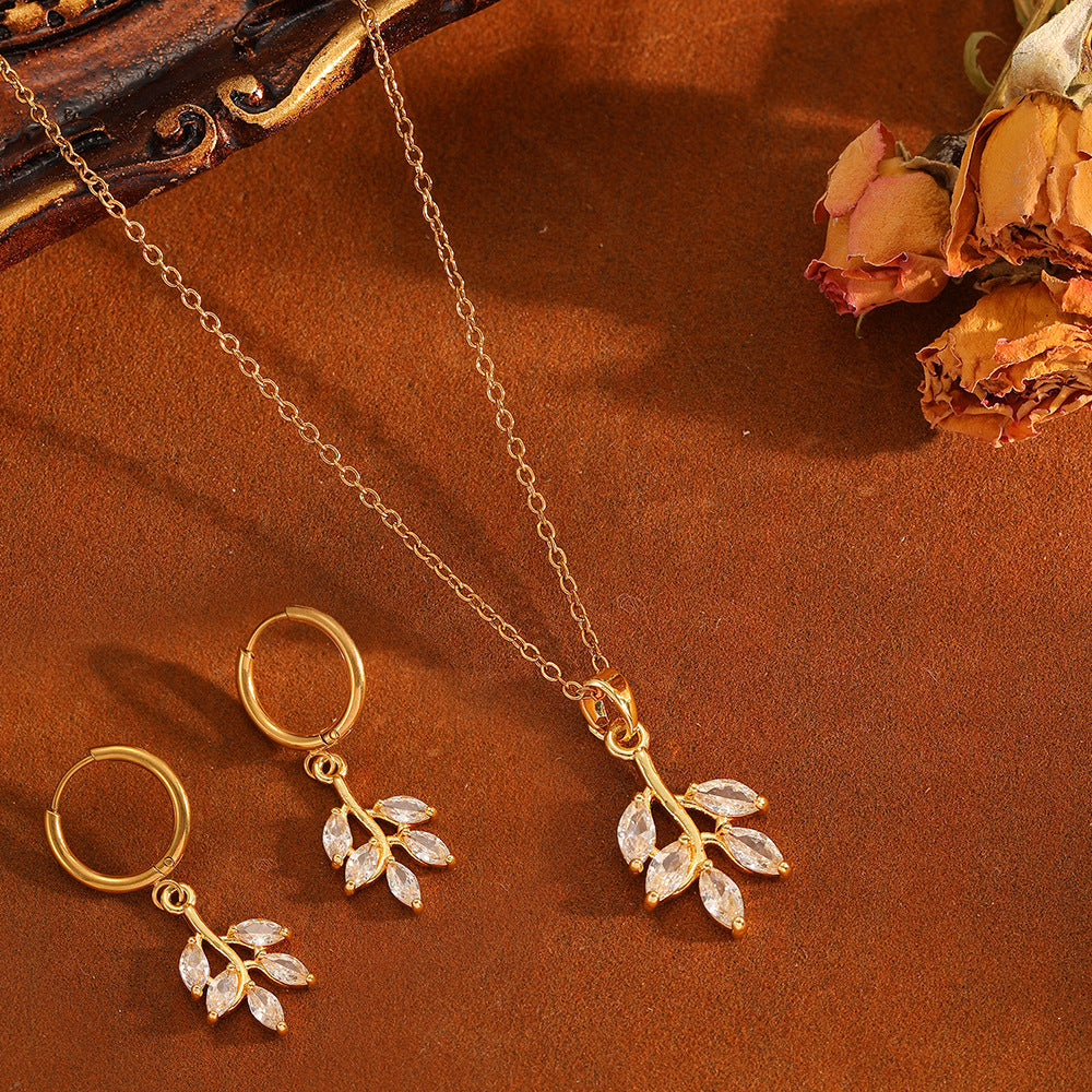 Leaf Pendant Necklace and Earrings Set