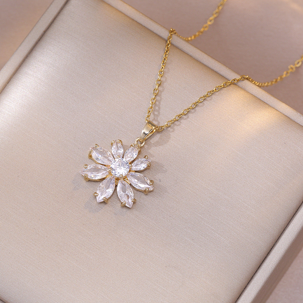 Floral Zircon Titanium Steel Necklace